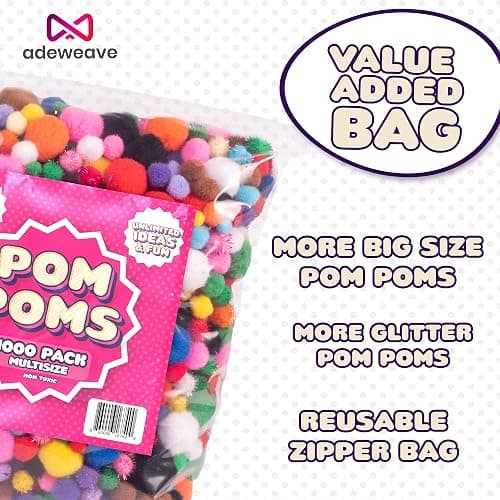 Adeweave 1000 Assorted Pom poms – Soft and Fluffy Craft Pom Pom Balls – Multicolor Craft Supplies Pompoms for Arts and Crafts in a Reusable Box, Large Puff Ball Ideal for DIY and School Activities thumbnail 6