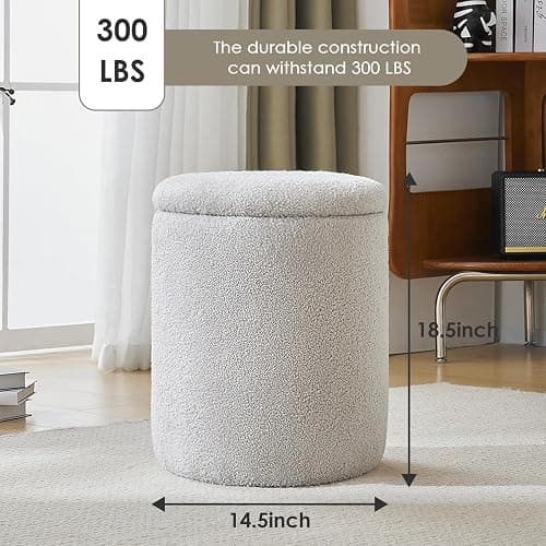 YFO Round Ottoman with Removable Lid Upholstered, Multifunctional Vanity Chairs for Makeup, Soft Footrest Stool Ottoman Foot Stool for Living Room, Bedroom, Boucle, Grey - Grey thumbnail 2