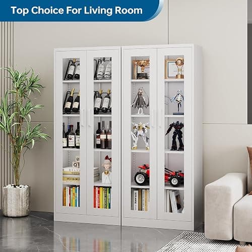 PEUKC Display Storage Cabinet with Glass Door, 67 Inches Metal Curio Cabinet with 4 Adjustable Shelves, HD&Tempered Glass Display Case for Home, Office, Clinic, Pantry, Assemble Required (White) thumbnail 2