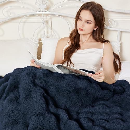 Faux Rabbit Fur Throw Blanket for Couch, Fluffy Warm Plush Thick Bubble Blanket for Bed Sofa Living Room, Soft Cozy Furry Blanket, 50x60 inches, Navy Blue thumbnail 2