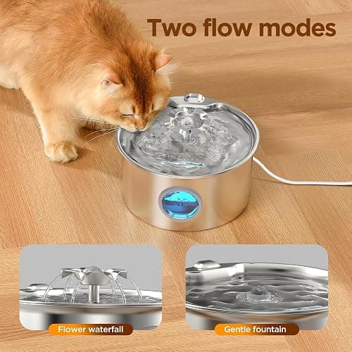 Stainless Steel Cat Water Fountain: 88oz/2.6L Ultra Quiet Pet Fountain with Flower Kitty Spout & LED Blue Light Water Dispenser with Water Level Window for Cats/Dogs Indoor (Silver) - IHOUONE thumbnail 3