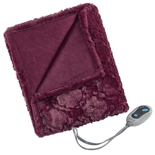 Beautyrest Long Brushed Faux Fur Ogee Textured Design Electric Blanket, Auto Shut Off, Virtually Zero EMF, Multi Heat Setting, UL Certified, Machine Washable, Burgundy Throw 50x60 - Image 1