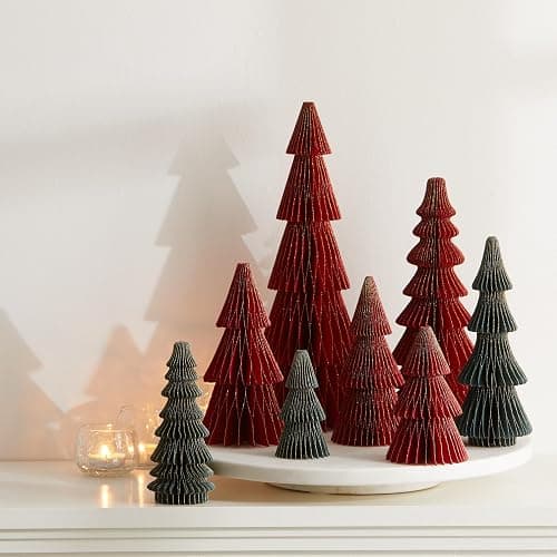 Honeycomb Paper Tree Set of 8 Classic Christmas, Red Green Holiday Mantel Décor, Glitter Gold Edging, Vintage-Inspired Trees, Nostalgic Centerpiece (Set 8 Classic) thumbnail 2