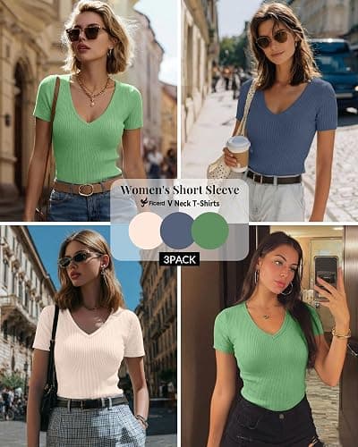 Ficerd 3 Pack Women's Short Sleeve Cotton T-Shirts V Neck Ribbed Slim Fit Tops Ladies' Casual Summer Basic Tee thumbnail 2