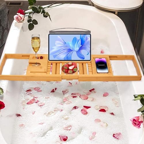 Artmalle Luxury Bathtub Caddy Tray for Tub - Foldable Bamboo Bath Table Tray with Book and Wine Glass Holder, Expandable Bathroom Accessories for Spa or Reading Lite Style thumbnail 2