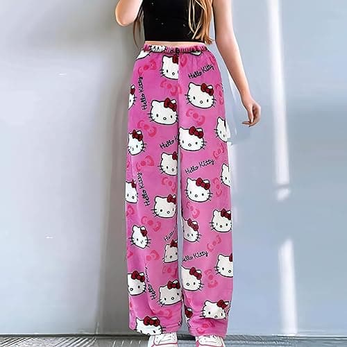 Cute Cartoon Pajama Pants for Women, Kawaii Anime Cat Pjs Christmas Pajama Pants Fluffy Flannel Sleep Bottoms - Rose Red Cat - Medium thumbnail 8