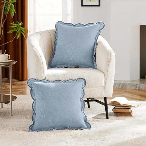 Ohocut Scalloped Pillow Cover Pack of 2 Spring Chenille Decorative Throw Pillow Covers Cute Boho Couch Pillow Covers Aesthetic Funky Preppy Pillow Cases for Sofa Living Room (Misty Blue, 18x18 Inch) thumbnail 2