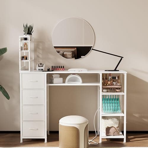 NinPeen Manicure Table Nail Desk for Nail tech with Drawers and Power Outlet,Nail Beauty Table with Storage and Open Shelves for Home,Workshop,Makeup Beauty Salon Workstation (White) thumbnail 4