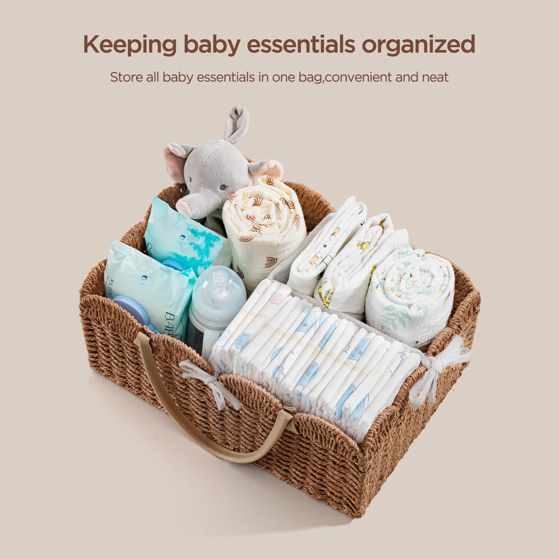 HBlife Large Baby Diaper Caddy, Paper Rope Storage Baskets Nursery Bin with Removable Divider, Portable Car Organizer for Diapers, Baby Shower Gifts, Newborn Essentials Must Haves thumbnail 3