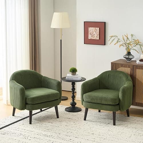 VINGLI 30.3" Wide Modern Barrel Accent Armchairs Set of 2 with Track Armrest, Solid Wooden Legs, Comfy Upholstered Club Chairs, Single Home Sofa for Living Room, Bedroom, Reading Room, Corduroy Green - Image 1