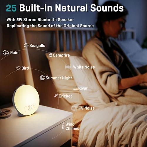 Sunrise Alarm Clock White Noise Sound Machine with 25 Soothing Sounds, 17 NightLights, Bluetooth Speaker Wake Up Light Alarm Clock for Bedrooms, Heavy Sleepers, Baby, Kids, Adults, Seniors, Ideal Gift thumbnail 2