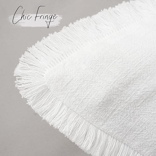 Foindtower Set of 2 Decorative Linen Fringe Throw Pillow Covers Cozy Boho Farmhouse Cushion Cover with Tassels Soft Accent Pillowcase for Couch Sofa Bed Living Room Home Decor,16×16 Inch,White thumbnail 3