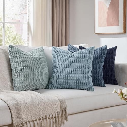 Fancy Homi Set of 4 Blue Decorative Throw Pillow Covers 18x18 Inch for Couch Bed Chair, Modern Farmhouse Boho Room Decor, Soft Fuzzy Corduroy Textured Striped Coastal Blue Cushion Case 45cm - Image 1