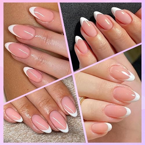 Lifextol 216PC White French Tip Press on Nails Medium Fake Nails Press ons with 10*Adhesive Tabs, Pink Almond Acrylic Nail Press on Nails French Tip Nails False Artificial Fingernails Stick on Nails thumbnail 2