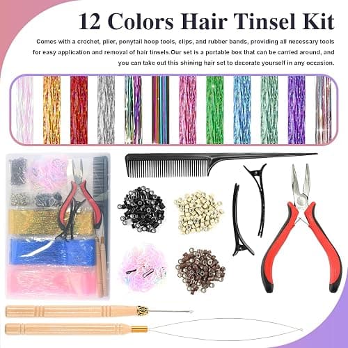 12 Colors Hair Tinsel Kit Hair Extensions 48 Inch With Tool 3600 Strands Sparkling Dazzle Glitter Shiny Fairy Hair Heat Resistant for Girls Women Christmas New Year Festival Party thumbnail 2