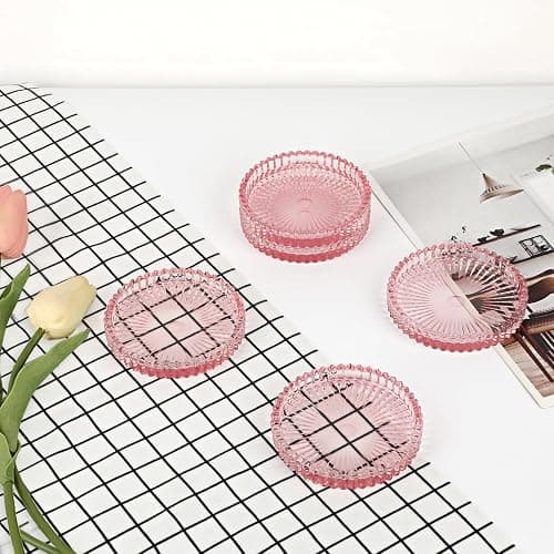 OGANAZI Modern Clear Pink Glass Coasters Set of 5 - Crystal Coasters for Drinks, Round, 4 Inch, Dishwasher Safe thumbnail 7