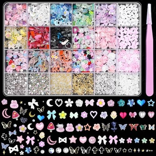 3D Nail Charms and Gems Mix Styles Butterfly Flower Bow Heart Colorful Assorted Nail Art Charm for Acrylic Nails Design, Pearls Nails Charms with Rhinestones Tiny Beads with Tweezers - Image 1