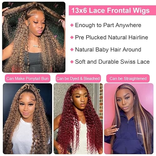ZZMDS 28 Inch 13x6 Highlight Ombre Deep Wave Lace Front Wigs Human Hair Pre Plucked #4/27 Colored Glueless Wigs Water Wave Honey Blonde Curly Lace Frontal Wigs Human Hair for Women thumbnail 4