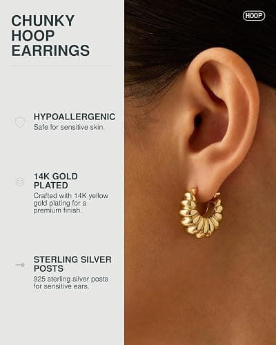 PAVOI 14K Gold Plated Ribbed Hoop Earrings for Women, Chunky Ridged Earring | Chunky Ridge Statement Earrings - Boho Puffy Croissant Huggie Hoops Trendy Gold Jewelry thumbnail 2