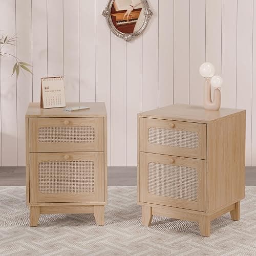 Modern Wicker Rattan Nightstand Set of 2, Rattan Stand with Drawer and Storage Space, Wooden Side End Table for Small Spaces, Natural Wood BedsideTable for Bedroom - Image 1