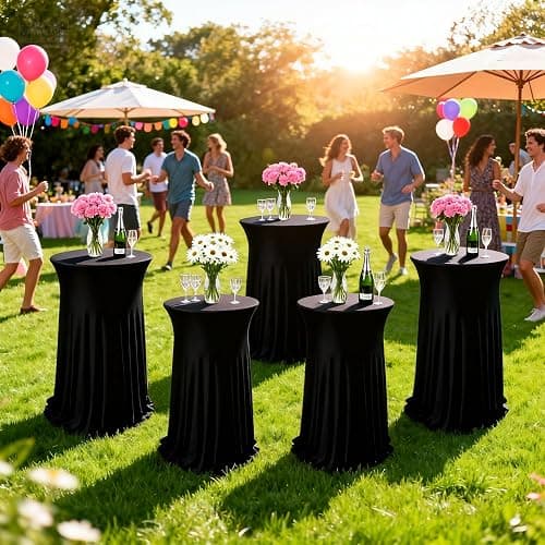 Lakluse 6 Pcs Black Spandex Stretch Round Cocktail Table Skirt, 32x43 Inch High Top Table Covers, Fitted Table Cloths for Wedding, Bar, Banquet, Party Decor & Event Supplies thumbnail 6