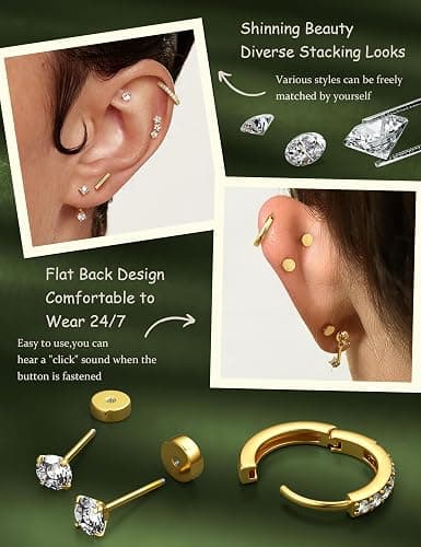 Hypoallergenic Stud Hoop Silver 14K Gold Plated Earrings Stacks - 9 Pairs Surgical Stainless Steel Earring Set for Sensitive Ears - Small Ear Piercing Flat Back Cartilage Earrings for Women Trendy Gifts thumbnail 5