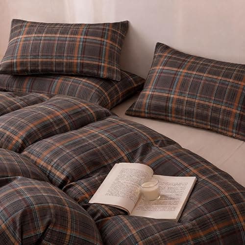 Cozaline 100% Cotton Vintage Plaid Duvet Cover Queen Size - Dark Gray and Burnt Orange Checkered Pattern Duvet Cover Set with Zipper Closure, 3 Pieces Soft & Breathable Bedding Set for All Seasons thumbnail 4