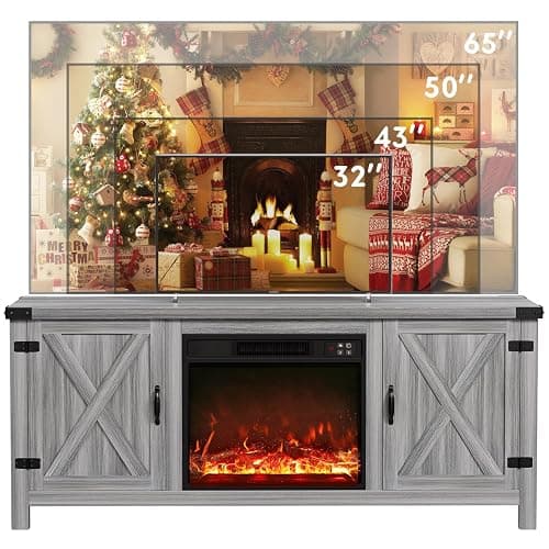 YESHOMY Fireplace TV Stand with Two Barn Doors and Storage Cabinets for Televisions up to 65+ Inch, Entertainment Center Console Table, Media Furniture for Living Room, 58 Inch, Gray Wash thumbnail 9