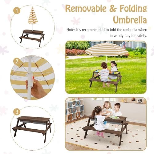 HONEY JOY Kids Picnic Table, 4 in 1 Cedar Wooden Sand & Water Table w/ 3 Removable Box & Umbrella, Kids Picnic Tables for Outdoors Backyard Garden, Toddler Patio Furniture Set for Boys Girls(Walnut) thumbnail 5