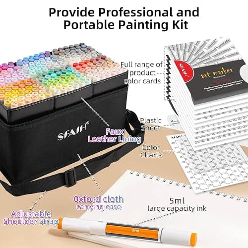 SFAIH Alcohol Markers Brush & Chisel - 216 Colors Double Tipped Art Markers for Adult Coloring Illustration, Gifts for Artist Adult - Adjustable Shoulder Strap & Faux Leather Lining & Outer Zip Pocket thumbnail 6