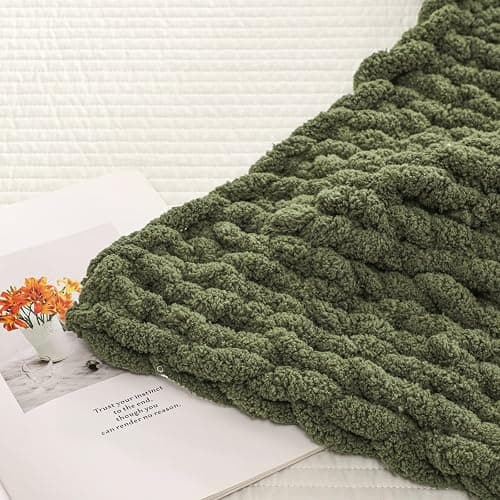 WESHIONGOO Chunky Knit Blanket Throw 51"×63" Knitted Throw Blankets for Couch Bed Fluffy Soft Blanket with Jumbo Chenille Yarn Thick 100% Handmade (Olive Green) thumbnail 8