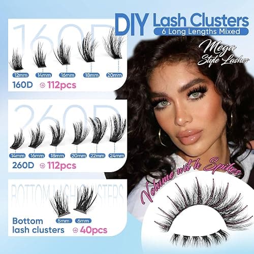 CORUSCATE Lash Clusters with Spikes Bottom Lashes 160D+260D Cluster Eyelash Extensions 3D Volume Individual Lashes Wispy 12-22mm Long Cluster Lash Mega Dramatic Full Look Strip Lash Extension thumbnail 6