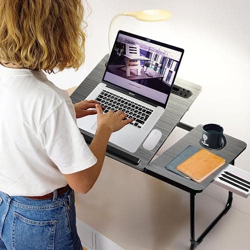 CloudTrip Plus XL Adjustable Laptop Desk with Light, USB Port, iPad Holder, Drawer Storage - Larger 23.6IN Adjustable Lap Desk for Bed, Home Office, Breakfast Tray, Fordable Legs Desk (Walnut) thumbnail 2