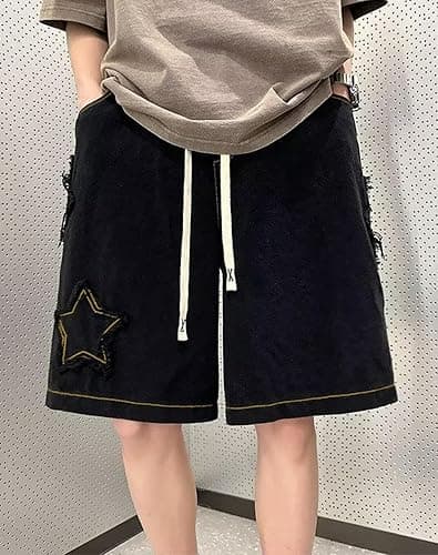 Sunidol Women's Y2K Star Denim Shorts Elastic Waist Summer Casual Loose Straight Baggy Jeans Shorts Jorts with Pockets thumbnail 3