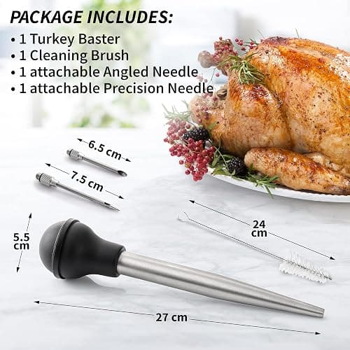 Zulay Kitchen Stainless Steel Turkey Baster for Cooking - Food Grade Metal Baster Syringe & Silicone Suction Bulb - Large Size With 2 Detachable Needles and Cleaning Brush thumbnail 2
