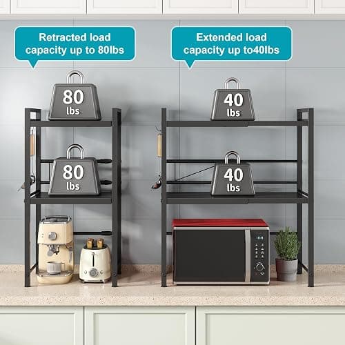 DOLALIKE Expandable Microwave Rack, Countertop Kitchen Utensils Tableware Storage, Carbon Steel 3 Tier Shelf with 3 Hooks thumbnail 6