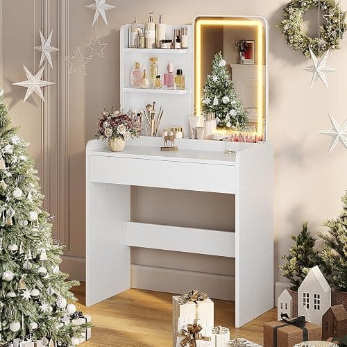 Memobarco Small Vanity Desk with Mirror and Lights, Makeup Vanity with Drawer & Storage Shelves, Vanity Desk with 3 Lighting Modes & Adjustable Brightness, Dressing Table for Women Girls Bedroom,White thumbnail 6