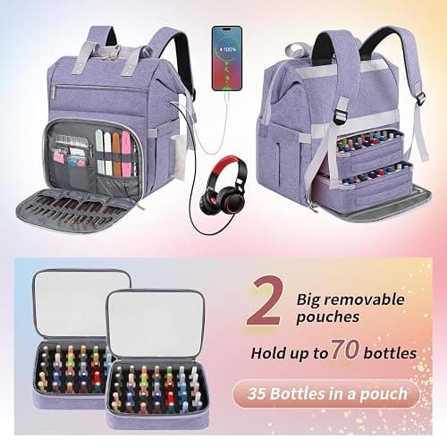 Nail Polish Organizer Case Backpack Holds 70 Bottles (15ml/0.5fl.oz) & Nail Lamp, 2 Layers Detachable Nail Kit Storage Case, Large Travel Nail Supplies Shoulder Bag for Manicure Tools (Purple) thumbnail 3
