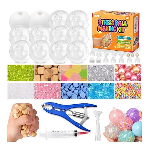 RYOXZEL DIY Stress Ball Making Kit, 12pcs Squishy TPR Ball Skins with 1lb Fillers, Make Your Own Squishies Set, Air Pump & Expander Tool Ties, Fidget Sensory Craft Kit for Stress Relief - Image 1