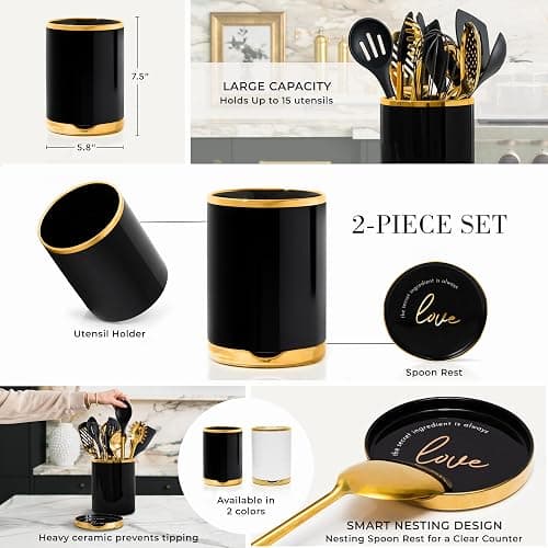 STYLED SETTINGS Black and Gold Cooking Utensils Set - 13-Piece Kitchen Set with Black Ceramic Utensil Holder and Stackable Gold Spoon Rest - Luxury Kitchen Accessories for Stylish Cooking and Serving thumbnail 7