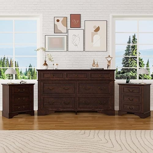 3 Pieces Farmhouse Dresser Nightstand Sets Chest of Drawers for Bedroom | 7-Drawer 55" W Dresser & 3-Drawer Nightstand Sets Rustic Wood Bedroom Furniture Set for Home Hallway Dark Brown - Image 1