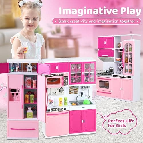 SOCBTNSO 64 PCS Pink Kitchen Toys with Lights Sounds|Mini Kitchen House Furniture Sets for Kids Ages 4-8|Doll Playset Toys for Toddlers 3-5|Birthday Gifts for 3 4 5 6 7 8 Old Girls thumbnail 7