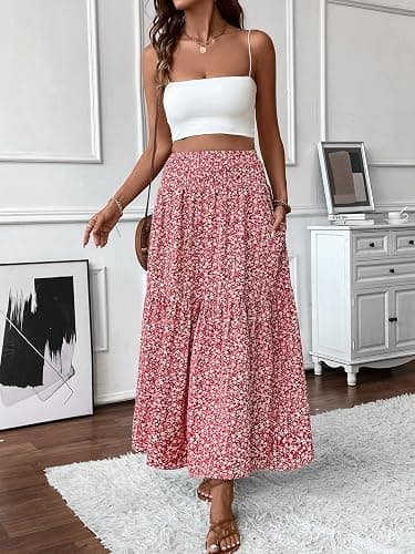 TuoGo Women's Smocked High Waist Maxi Skirt Casual Boho Long Skirts with Pockets thumbnail 5
