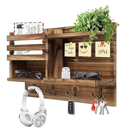 Key Holder Wall Mount, Solid Wood Key and Mail Organizer for Wall(Self Adhesive or Drill), 8 Hooks Key Rack for Entryway Hallway Bedroom Farmhouse Home Decor (Burnt Brown) - Image 1