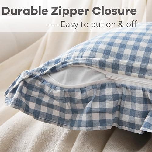 K MASANIJI 2 Pack Dust Blue White Plaid Gingham Ruffle Throw Pillow Covers, 100% Washed Cotton Decorative Buffalo Checkered Farmhouse Pillow Shams - 18''x18'' thumbnail 4