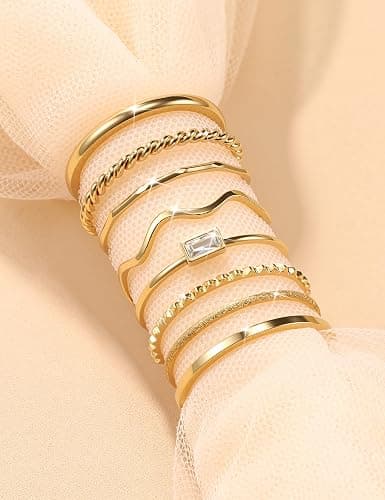 THUNARAZ 8Pcs Stackable Rings for Women Non Tarnish 14K Gold Plated Stainless Steel Dainty Rings Set Minimalist Thin Thumb Ring Cubic Zirconia Wave Statement Ring Bands for Women Size 5-10 thumbnail 7