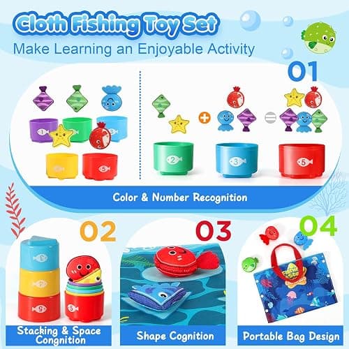 Montessori Toys for 1 Year Old - 17 in 1 Cloth Toddler Fishing Game with Stacking Cups Color Sorting, Baby Toy 12-18 Months One Year Old Boy Birthday Gift, Toddler Toys for 1 2 Year Old Boy Girl Gifts thumbnail 4