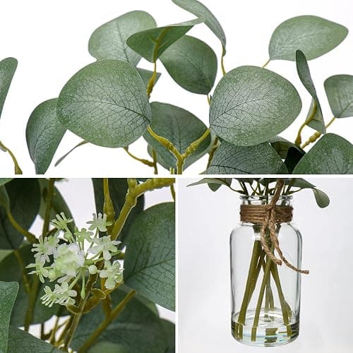 Briful Artificial Eucalyptus Stems in Glass Vase with Faux Water, 14" Fake Plant Eucalyptus Leaves for Home Bathroom Office Farmhouse Wedding Centerpiece Décor thumbnail 5