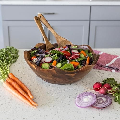 Wood Salad Bowl with Serving Utensils - Large Scalloped Decorative 12" Acacia Wooden Mixing Bowls Set with Spoons - Handcrafted Farmhouse Kitchen Serveware for Fruit, Pasta, Snacks and Home Decor thumbnail 8