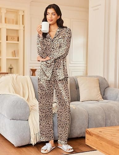 Ekouaer Silk Satin Pajama Set for Womens Button Up Long Sleeve Pjs Sleepwear Soft 2 Piece Loungewear S-XXL thumbnail 2